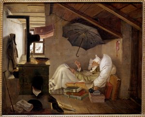 Pobre poeta Um homem velho deita-se num sótão. Pintura de Carl Spitzweg (1808-1885) 1839. Dim. 0,36 X 0,44 m Berlim, Altes Museum, Alemanha - O Poeta Pobre. Um homem idoso acamado num sótão. Pintura de Carl Spitzweg (1808-1885) de Carl Spitzweg