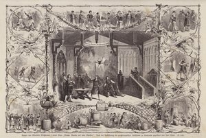 Cenas da ópera do compositor alemão Wendelin Weissheimer Meister Martin und Seine Gesellen (Mestre Martin e seus companheiros), interpretada no Grossherzoglichen Hoftheater, Karlsruhe, Alemanha (gravura) de Carl Thiel