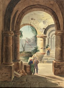 Vista do mar através de um claustro de 1829 (wc no cartão)
