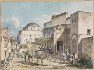 Festa de rua em Atenas. Com o Palácio Hadji Hazekis e a Mesquita Tzistarakis de Carl Wilhelm Heideck