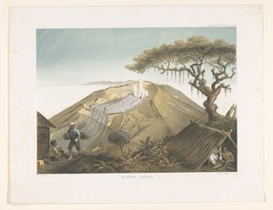 Vulcão Gede em Java Ocidental Gunong Gedeh (título no objeto) Atlas para trabalhar Java (título da série no objeto) Atlas de placas contendo onze vistas pitorescas, pertencentes à obra Java, sua forma, sua vegetação e construção interior (título da série de Carl Wilhelm Mieling (possibly)
