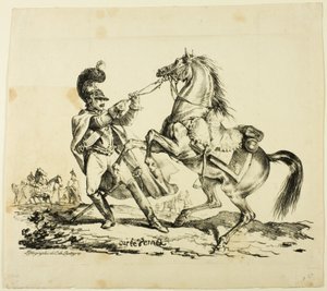 Cuirassier a pé restringindo seu cavalo empinado de Carle Vernet