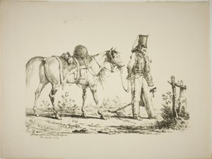 Hussard andando na frente de seu cavalo, fumando um cachimbo de Carle Vernet