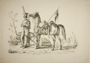 Lancer a pé caminhando ao lado de seu cavalo de Carle Vernet