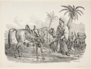 Árabe sentado segurando o freio de um cavalo árabe de Carle Vernet
