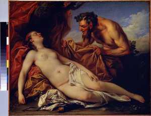 Júpiter e Antiope. Pintura por Carle Van Loo (1705-1765). Óleo sobre tela, 50 x 72 cm, ca. 1753. Escola francesa, arte rococó. Museu Hermitage, São Petersburgo.