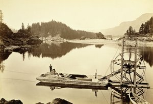 Roda de salmão flutuante, cascatas, 1867