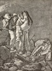 Uma rapariga é resgatada após o colapso da sua casa, sismo de Casamicciola, Itália, gravura de um desenho de E Sanesi e uma pintura de Carlo Ademollo (1824-1911), de L