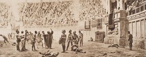 O Monge Almachius tentando parar o Combate Gladiatório, ilustração de "O Esboço da História" por HG Wells, Volume II, publicado em 1920