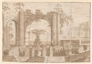 Um jardim com arco em ruínas