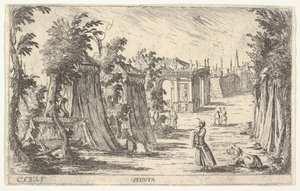 Vista com um homem de turbante e um leão à direita, tendas e arquitetura clássica..., 1680-1710.
