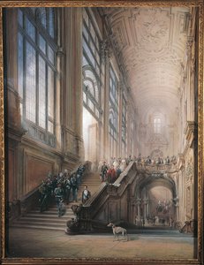 O Rei Victor Emmanuel II, Cavour, os Ministros e a Corte descem as escadas do Senado em Turim, após o discurso de abertura do Parlamento Sub-Alpino