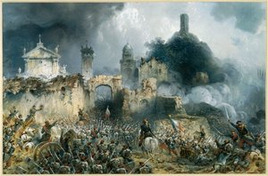 A batalha de Solferino entre as tropas austríacas e franco-piemontesas ... (gravura)