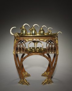 Tabuleiro com Creme de Nata, Açucareiro Coberto, Pote de Chá, Pote de Água Quente e Salva, executado por Adrien-Aurélien Hebrard (1866-1937), e Mesa, c.1907 (madeira incrustada (mogno), suportes de bronze fundido e dourado, incrustações de marfim ou osso,