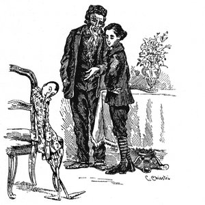 Ilustração de Pinóquio de Carlo Chiostri (1863-1939), um dos primeiros ilustradores italianos da obra de Collodi. Pinóquio, finalmente tornando-se um menino de verdade, olha com Geppettto para o boneco de madeira que ele era.