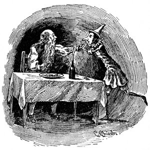 Ilustração de Pinóquio de Carlo Chiostri (1863-1939), um dos primeiros ilustradores italianos da obra de Collodi. O boneco de madeira encontra o seu pai Gepetto na barriga do tubarão que os engoliu.
