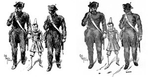 Pinóquio de Carlo Chiostri (1863-1939), um dos primeiros ilustradores italianos da obra de Collodi (Carlo Lorenzini). Dois gendarmes levam o boneco de madeira. A imagem da esquerda é o desenho original de Chiostri, a da direita é a carruagem de gravura