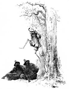 Pinóquio de Carlo Chiostri (1863-1939), um dos primeiros ilustradores italianos da obra de Collodi (Carlo Lorenzini). O boneco de madeira é pendurado numa árvore por dois bandidos (o gato e a raposa camuflada). Este desenho original de Chiostri é para ser 