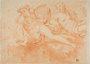 Duas figuras femininas nuas carregadas de nuvens (anverso); fragmento de figura reclinada (verso) de Carlo Cignani