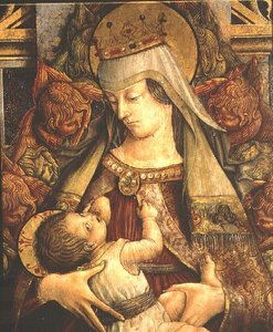 Madonna Suckling her Child, detalhe (tempera no painel) de Carlo Crivelli