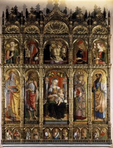 Polyptyc mostrando uma Pieta, e o partido inferior uma Madonna com Criança de Carlo Crivelli