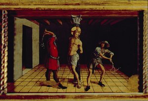 A Flagelação de Cristo, painel predella central direito do políptico San Silvestro, 1468 (têmpera no painel) (ver 76657) de Carlo Crivelli