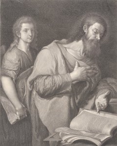 São Mateus, diante de um livro à direita com a mão no peito, outro homem..., 1750-84 de Carlo Faucci