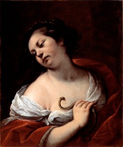 O Suicídio de Cleopatre A Rainha do Egito Cleopatre VII Thea Philopator (69-30 AC) suicídio por ser mordido por uma cobra asfáltica (suicídio de Cleopatra) Pintura de Carlo Francesco Nuvolone (1609 ca-1662)