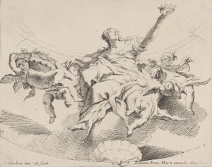 Poder, representado por uma mulher sentada nas nuvens segurando uma coroa e cercada por putti,..., 1725-75.