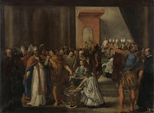 Imperador Constantino queimando livros arianos, década de 1640 de Carlo Magnone