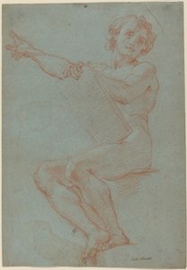 Um homem sentado segurando um tablet de Carlo Maratta