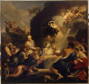 A Adoração do Menino Jesus. A Sagrada Família apresenta o recém-nascido aos pastores, sob uma nuvem de luz e anjos. Pintura de Carlo Maratta (1625-1713), óleo sobre tela. Arte Taliana (Roma)