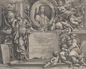 Frontispício com retrato oval de Rafael, com três figuras alegóricas do Suplemento das Artes..., 1675.
