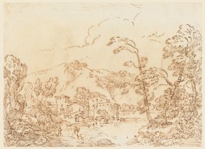 Desenho, Uma aldeia junto a um ribeiro num país montanhoso, 1770-86 de Carlo Marchionni