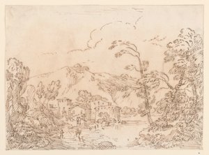 Desenho, Uma aldeia junto a um ribeiro num país montanhoso, 1770-86 de Carlo Marchionni