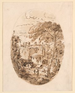 Desenho, Paisagem com cavaleiro e ponte, 1750-1786 de Carlo Marchionni