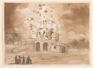Desenho, Paisagem com uma Torre Ardente, ca. 1780 de Carlo Marchionni