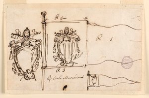 Desenho, Três esboços para um estandarte do Papa Bento XIV, 1740-58 de Carlo Marchionni