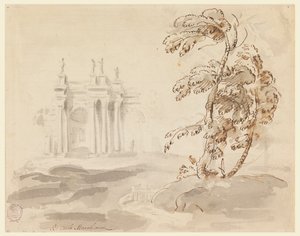 Desenho, Árvore em paisagem com edifício, 1756-78 de Carlo Marchionni