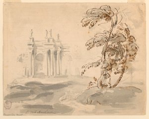 Desenho, Árvore em paisagem com edifício, 1756-78 de Carlo Marchionni