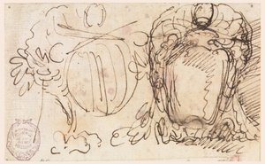 Desenho, Dois escudos para o brasão de armas do Papa Bento XIV, 1740-58 de Carlo Marchionni
