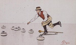 Homem a lançar uma pedra num jogo de enrolar (cor litho) de Carlo Pellegrini