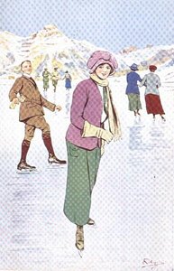 Skaters on the Rink at Engelberg, Suíça (cor litho) de Carlo Pellegrini