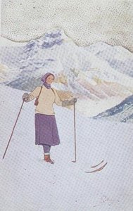 Esquiador nas encostas de Engelberg, Suíça (cor litho) de Carlo Pellegrini