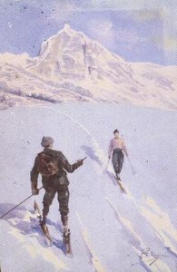 Esquiadores no Monte Rose, Suíça (cor litho)