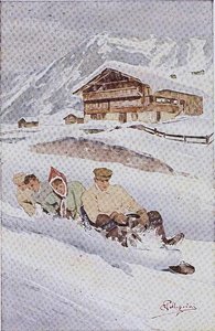 O Toboggan de quatro homens (cor litho) de Carlo Pellegrini