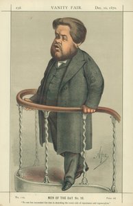 O reverendo Charles Spurgeon, Noone conseguiu como ele esboçar o lado cômico do arrependimento e regeneração, 17 de julho de 1880, desenho animado da Vanity Fair. de Carlo Pellegrini