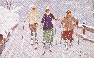 Três Esquiadores em Tempestade de Neve (cor litho) de Carlo Pellegrini