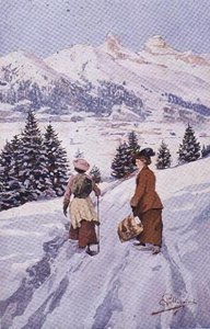 Duas mulheres caminhando na neve perto do Tour d