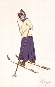 Mulher a ligar os esquis (cor litho) de Carlo Pellegrini